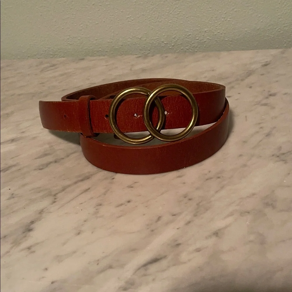 Most Wanted USA Inc Brown Leather Belt with Double Circle Brass Buckle Sz M - Picture 1 of 2
